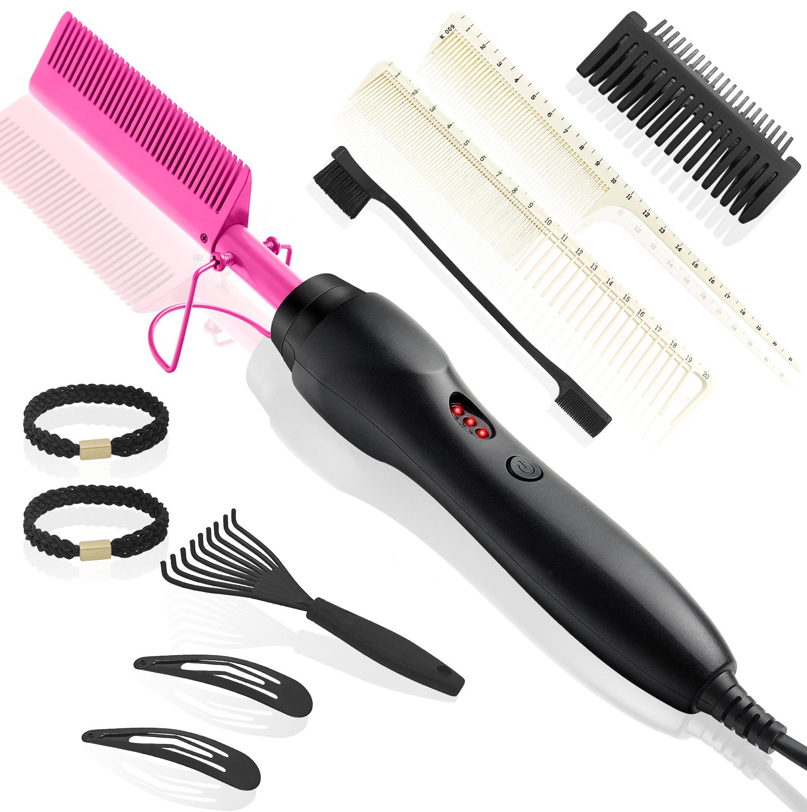 Electric Hot Comb for Black Women Combs Set for Wig With Rat Tail Comb Wide Combs Hair Clips Ties Heated Press Comb Styling Tool